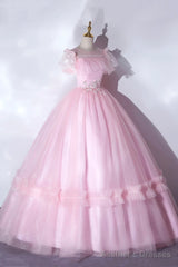 Pink Tulle Lace Long Prom Dress, Lovely A-Line Short Sleeve Evening Dress