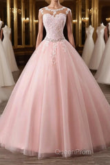 Pink tulle lace long Evening Prom Dresses, pink tulle evening Dresses