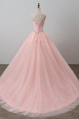 Pink tulle lace long Evening Prom Dresses, pink tulle evening Dresses