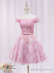 Pink Tulle Lace Off the Shoulder Appliques Homecoming Dress