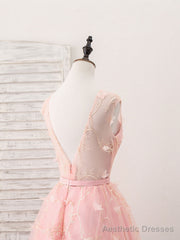 Pink Tulle Lace Tea Length Prom Dress, Pink Homecoming Dress
