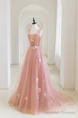 Pink Tulle Long A-Line Prom Dress, Lovely Pink Evening Graduation Dress