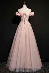 Pink Tulle Long A Line Evening Prom Dresses Pink Evening Dresses