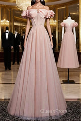 Pink Tulle Long A Line Evening Prom Dresses Pink Evening Dresses