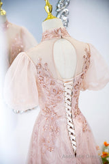 Pink Tulle Long A-Line Prom Dress, Pink Short Sleeve Evening Party Dress