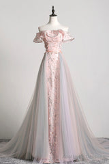 Pink Tulle Long A-Line Prom Dress with Train, Off the Shoulder Formal Evening Dress