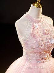 Pink Tulle Long Formal Dresses With Floral Lace, Pink Halter Tulle Sweet 16 Dresses