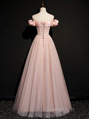 Pink tulle off shoulder long Evening Prom Dresses, pink tulle formal Dresses