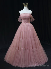 Pink Tulle Off the Shoulder Pleats Beading Prom Dress