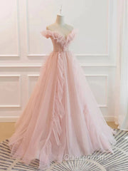 Pink Tulle Ruffles Off The Shoulder Long Evening Prom Dresses