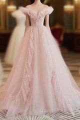 Pink Tulle Ruffles Off The Shoulder Long Evening Prom Dresses