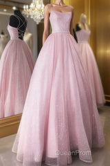 Pink tulle sequin long Evening Prom Dresses pink tulle formal Dresses