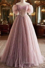 Pink Tulle Sequins Floor Length Evening Prom Dresses, Beautiful Off The Shoulder Evening Party Dresses