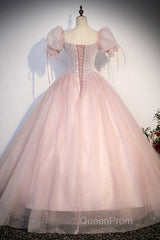 Pink Tulle Sequins Long Evening Prom Dresses, Lovely A-Line Short Sleeve Evening Party Dresses