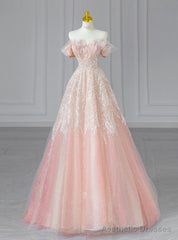 Pink Tulle Sequins Off the Shoulder Bead Prom Dress