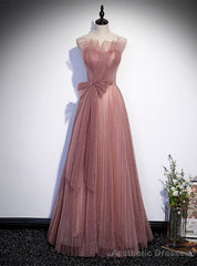 Pink Tulle Sequins Strapless Pleats Prom Dress