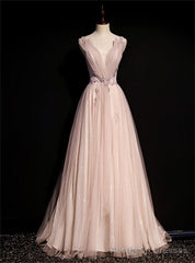 Pink Tulle Sequins V-neck Pleats Beading Prom Dress