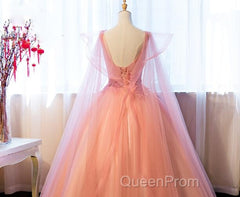 Pink Tulle Sweet 16 Party Dresses With Lace Applique, Long Formal Gown