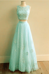 Pink Tulle Two Piece Evening Prom Dresses Lace Crop