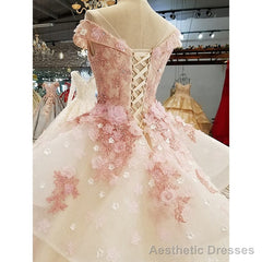 Pink Tulle with Flowers and Beaded Long Party Dress, Pink Sweet 16 Gown