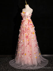 Pink Tulle with Flowers Sweetheart Straps Long Evening Dress, Pink Tulle Prom Dress