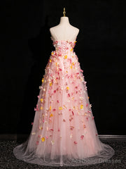 Pink Tulle with Flowers Sweetheart Straps Long Evening Dress, Pink Tulle Prom Dress