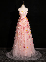 Pink Tulle with Flowers Sweetheart Straps Long Evening Dress, Pink Tulle Prom Dress