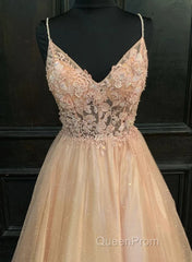 Pink Tulle With Lace Applique Beaded V-Neckline Evening Prom Dresses, Pink Long Party Dresses