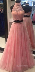 Pink Two Pieces Lace Tulle Long Evening Prom Dresses, Pink Evening Dresses