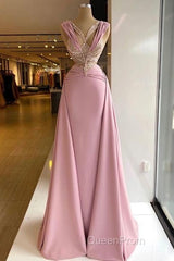 Pink V-Neck Fitted Satin Lace Long Evening Prom Dresses
