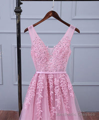 Pink V Neck Lace Tulle Long Prom Dress, Lace Evening Dresses