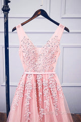 Pink V Neck Tulle Lace Applique Long Evening Prom Dresses, Pink Bridesmaid Dresses