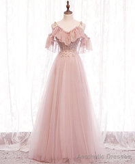 Pink V-neckline Lace Off Shoulder Long Party Dress, Pink Floor Length Formal Dress