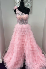 One Shoulder Lace and Tulle Tiered Ruffle Evening Prom Dresses