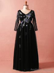 Plus Size Black Tulle Embroidery Long Sleeve V-neck Prom Dress