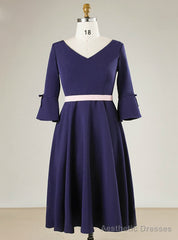 Plus Size Blue Satin Half Sleeve Prom Dress