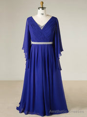 Plus Size Blue V-neck Chiffon Floor Length With Beading Prom Dress