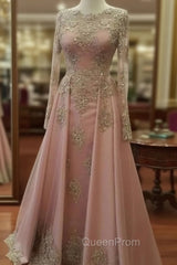 Plus Size Muslim Evening Dresses A-Line Long Sleeves Pearls Lace Islamic Dubai Kaftan Saudi Arabic Long Evening Gown