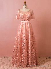Plus Size Pink Tulle Sequins Short Sleeve Backless Prom Dress