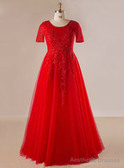 Plus Size Red Tulle Appliques Beading Short Sleeve Prom Dress