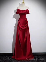 Popular Burgundy Satin Off the Shoulder Pleats Prom Dress