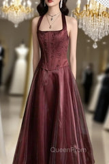 Pretty A Line Halter Burgundy Sleeveless Evening Dresses Organza Long Evening Prom Dresses