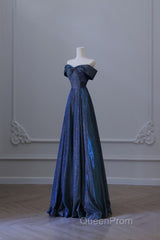 Pretty A Line Off The Shoulder Blue Sequin Long Evening Prom Dresses Evening Gowns