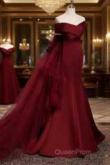 Pretty A Line Off The Shoulder Burgundy Satin Long Evening Party Dresses Evening Prom Dresses With Bow