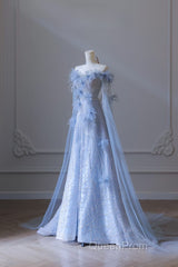 Pretty A Line Off The Shoulder Floor-Length Blue Sequin Short Sleeves Evening Dresses Evening Prom Dresses