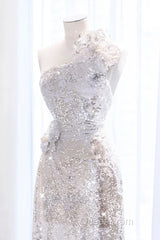 Pretty A Line One Shoulder Silver Sequin Long Length Evening Dresses Evening Prom Dresses
