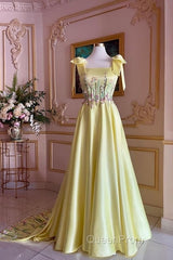 Pretty A Line Straps Satin Yellow Long Evening Prom Dresses Formal Evening Dresses