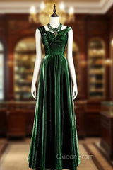 Pretty A Line Sweetheart Ruffles Long Evening Dresses Green Velvet Evening Prom Dresses
