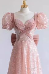 Pretty A Line Sweetheart Short Sleeves Long Evening Party Dresses Pink Evening Prom Dresses