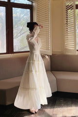 Pretty A Line V Neckline Long Sleeves Chiffon White Ankle Length Evening Dresses Evening Prom Dresses